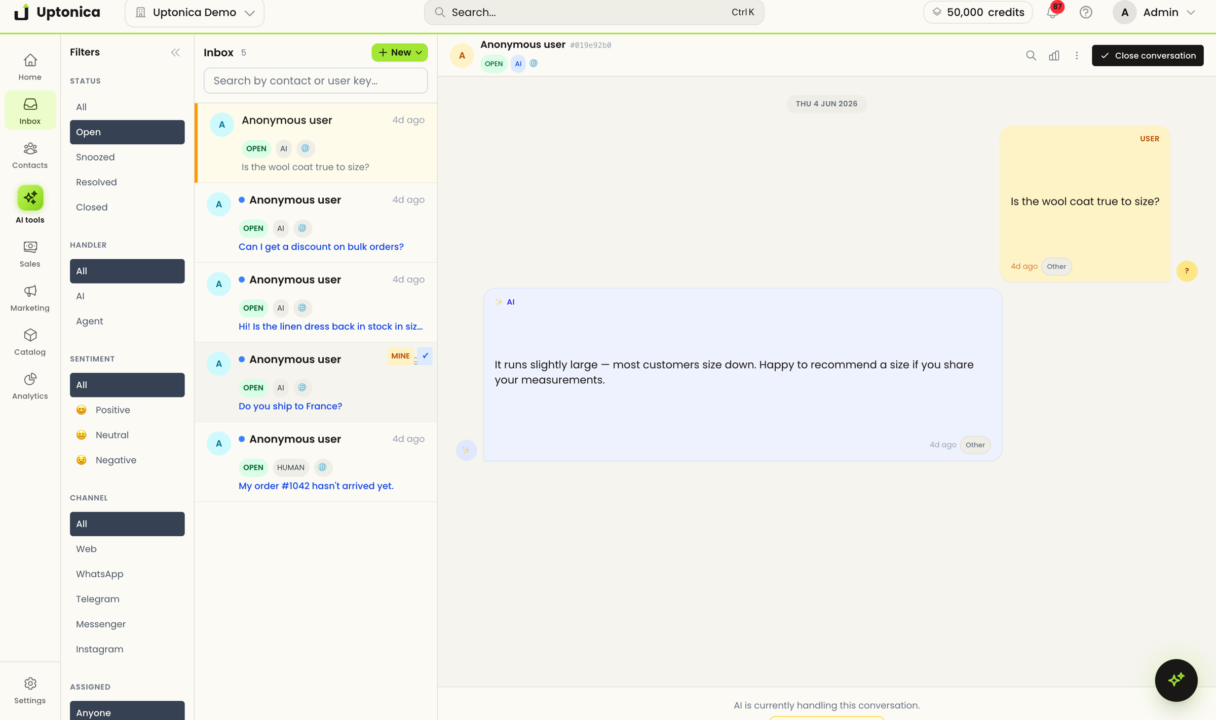 Chat: unified inbox with customer threads, sentiment and channel filters, and Lia handling routine replies, same interface, different problem
